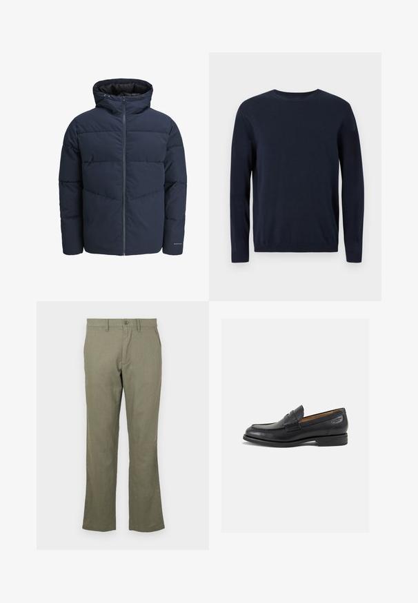 Sötétkék puffajacket kapucnival, cipzáros elülső résszel és chevron mintázattal. Texturált anyagból készült, rugalmas mandzsettákkal és logórészlettel.; Sötétkék kötött pulóver hosszú ujjal, kerek nyakkal, bordázott mandzsettával és szegéllyel. Kicsi logó található a mellkason.; Kényelmes, olajzöld nadrág, puha anyagból készült. Egyenes lábcutjával, elülső zsebeivel és gombos záródásával rendelkezik. Nincs látható minta.; Fekete bőr loaferek sima felülettel, lekerekített orral és díszítő varrással a lábfejen. Alacsony, réteges sarkú és enyhe fényű.