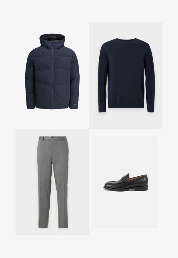 Granatowa kurtka puchowa z kapturem, zapinana na zamek, z wzorem w zygzak. Wykonana z teksturowanej tkaniny, z elastycznymi mankietami i detalem z logo.; Granatowy sweter robiony na drutach z długimi rękawami, okrągłym dekoltem oraz ściągaczami na mankietach i u dołu. Posiada małe logo na piersi.; Szare dopasowane spodnie o gładkiej fakturze, delikatnym wzorze, zapinane na zamek i guzik, z kieszeniami z przodu i zwężającymi się nogawkami.; Czarne skórzane mokasyny o gładkim wykończeniu, zaokrąglonym nosku i dekoracyjnym przeszyciu na cholewce. Niski, warstwowy obcas i delikatny połysk.