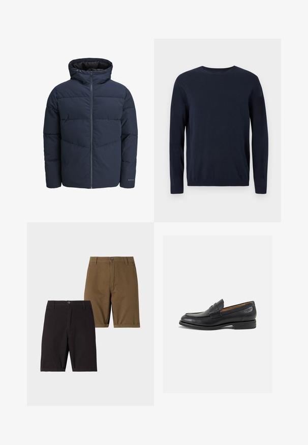 Navy puffer jacket with a hood, zip front, and chevron stitching pattern. Made from textured fabric with elastic cuffs and a logo detail.; Navy blue knitted sweater with long sleeves, crew neckline, and ribbed cuffs and hem. Features a small logo on the chest.; Two pairs of shorts: one in black, one in olive green. Both feature a smooth fabric, straight legs, and front button closures.; Black leather loafers with a smooth finish, rounded toe, and decorative stitching on the vamp. Low stacked heel and slight shine.