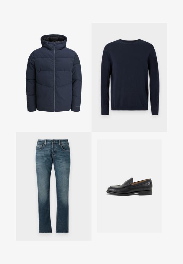 Navy pufferjakke med hette, glidelås foran og chevron søm mønster. Laget av strukturert stoff med elastiske mansjetter og logo detalj.; Marineblå strikkegenser med lange ermer, rund hals og ribbestrikkede mansjetter og nederkant. Har et lite logo på brystet.; Blå denimjeans med rett benpassform, falmet vask, fem-lommers design og kontrasterende søm. Knapp- og glidelåslukking.; Sorte lær loafers med en glat overflade, rund tå og dekorativ syning på forfoden. Lav stablet hæl og let glans.