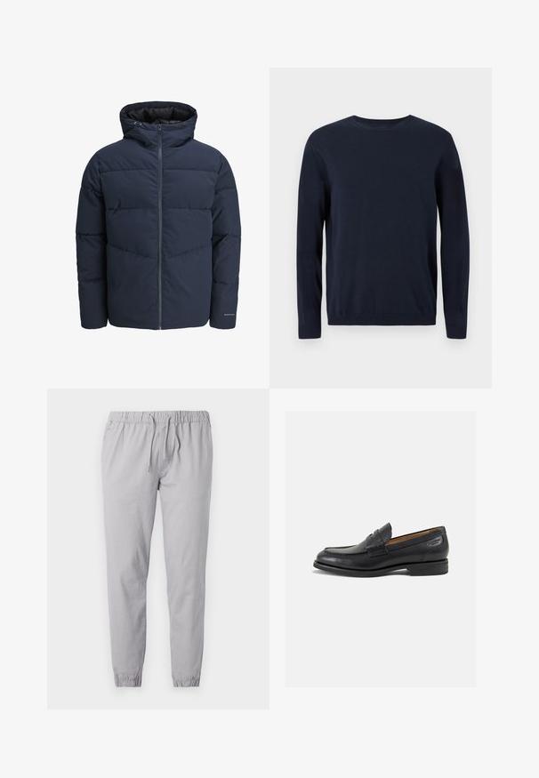 Navy puffer jacket with a hood, zip front, and chevron stitching pattern. Made from textured fabric with elastic cuffs and a logo detail.; Navy blue knitted sweater with long sleeves, crew neckline, and ribbed cuffs and hem. Features a small logo on the chest.; Light gray jogger pants made of soft fabric, featuring an elastic waistband with a drawstring, and tapered cuffs with a gathered finish.; Black leather loafers with a smooth finish, rounded toe, and decorative stitching on the vamp. Low stacked heel and slight shine.