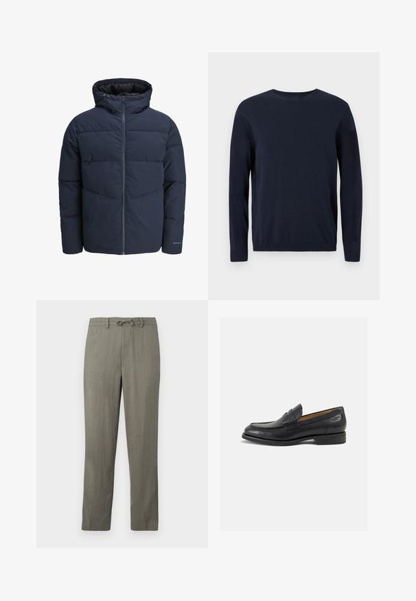 Ναυτικό μπουφάν με κουκούλα, μπροστινό φερμουάρ και σχέδιο βέλους. Κατασκευασμένο από υφασμάτινη υφή με ελαστικούς καρπούς και λεπτομέρεια λογότυπου.; Ναυτικό μπλε πλεκτό πουλόβερ με μακριά μανίκια, στρογγυλή λαιμόκοψη και ριμπ μανσέτες και στριφώματα. Διαθέτει ένα μικρό λογότυπο στο στήθος.; Ανδρικά παντελόνια σε ανοιχτό γκρι, από μείγμα λινό, με μέση που ρυθμίζεται με κορδόνι, ίσια πόδια και διακριτή υφή; διαθέτουν κανονικές τσέπες και χωρίς αξιοσημείωτα μοτίβα.; Μαύρα δερμάτινα loafers με λείο φινίρισμα, στρογγυλή μύτη και διακοσμητική ραφή στη μπροστινή πλευρά. Χαμηλός σωρός και ελαφριά γυαλάδα.