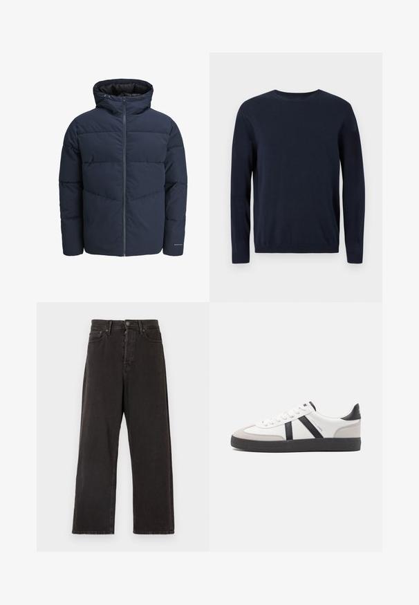 Jūras spēku stila pūkains džemperis ar kapuci, ar rāvējslēdzēju priekšpusē un ķevrona šuvju rakstu. Izgatavots no teksturēta auduma, ar elastīgām aprocēm un logotipa detalizāciju.; Tumši zila adīta džemperis ar garām piedurknēm, apaļu kakla izgriezumu un ribotiem piedurkņu galiem un apakšmalu. Uz krūtīm ir neliels logo.; Melni platajā kāju džinsi, izgatavoti no denima, ar pogu un rāvējslēdzēju, jostas cilpām un sānu kabatām ar vieglu tekstūru.; Baltas sneakeris ar melniem un pelēkiem akcentiem, kuram ir teksturēts pelēks purngals, melna gumijas zole un plakanas baltas šņores. Tīrs dizains, minimālisma stils.