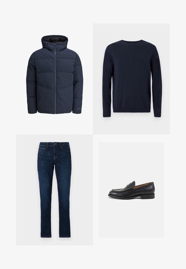 Veste en duvet navy avec capuche, fermeture éclair à l'avant et motif de piqûre en chevrons. Fabriquée en tissu texturé avec des poignets élastiques et un détail de logo.; Pull en maille bleu marine à manches longues, col rond, avec des poignets et un ourlet côtelés. Présente un petit logo sur la poitrine.; Jean en denim bleu foncé avec une coupe slim, design standard à cinq poches, et une fermeture à bouton et fermeture éclair. Texture lisse avec un minimum de décoloration.; Mocassins en cuir noir avec une finition lisse, bout rond et coutures décoratives sur la tige. Talon bas empilé et léger brillant.