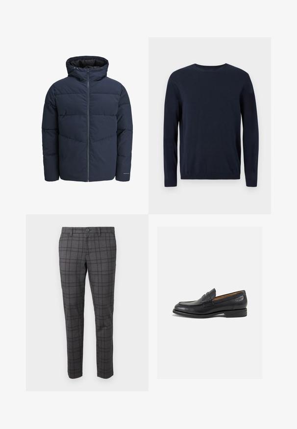 Giacca a vento blu navy con cappuccio, chiusura con zip e motivo a zig-zag. Realizzata in tessuto testurizzato con polsini elasticizzati e dettaglio del logo.; Maglione lavorato a maglia blu navy con maniche lunghe, scollatura a girocollo e polsini e orlo a coste. Presenta un piccolo logo sul petto.; Pantaloni a quadri grigi realizzati in un tessuto testurizzato, con una vestibilità slim, passanti per la cintura e una chiusura a un bottone in vita.; Mocassini in pelle nera con finitura liscia, punta arrotondata e cuciture decorative sulla tomaia. Tacco basso impilato e leggero lucido.