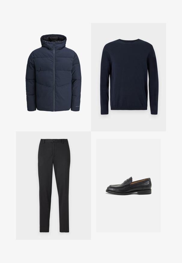 Granatowa kurtka puchowa z kapturem, zapinana na zamek, z wzorem w zygzak. Wykonana z teksturowanej tkaniny, z elastycznymi mankietami i detalem z logo.; Granatowy sweter robiony na drutach z długimi rękawami, okrągłym dekoltem oraz ściągaczami na mankietach i u dołu. Posiada małe logo na piersi.; Czarne spodnie o dopasowanym kroju wykonane z gładkiego materiału, z prostymi nogawkami, pojedynczym zapięciem na guzik oraz dyskretnymi kieszeniami.; Czarne skórzane mokasyny o gładkim wykończeniu, zaokrąglonym nosku i dekoracyjnym przeszyciu na cholewce. Niski, warstwowy obcas i delikatny połysk.
