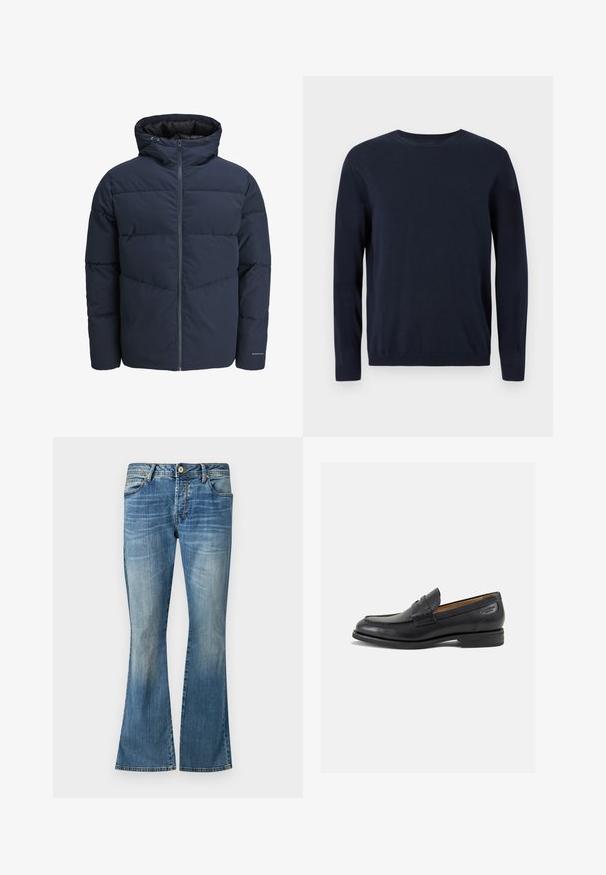 Granatowa kurtka puchowa z kapturem, zapinana na zamek, z wzorem w zygzak. Wykonana z teksturowanej tkaniny, z elastycznymi mankietami i detalem z logo.; Granatowy sweter robiony na drutach z długimi rękawami, okrągłym dekoltem oraz ściągaczami na mankietach i u dołu. Posiada małe logo na piersi.; Niebieskie dżinsy w fasonie dzwonów, wykonane z denimu, z wyblakłym wykończeniem. Posiadają pięć pętli na pasek, zapięcie na guzik i klasyczne detale szwów.; Czarne skórzane mokasyny o gładkim wykończeniu, zaokrąglonym nosku i dekoracyjnym przeszyciu na cholewce. Niski, warstwowy obcas i delikatny połysk.