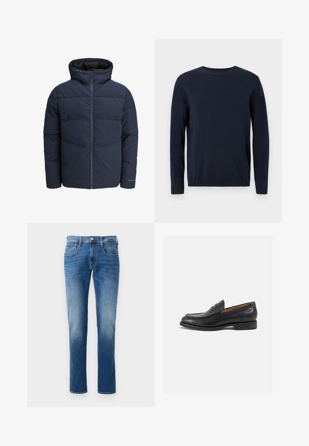 Meripihkalaavun takki hupulla, vetoketjulla ja chevron-niittykuviolla. Valmistettu teksturoidusta kankaasta, jossa on joustavat hihansuut ja logoyksityiskohta.; Tummansininen neulepaita, jossa on pitkät hihat, pyöreä kaula-aukko sekä ribbaus hihansuissa ja helmassa. Paitaa koristaa pieni logo rinnassa.; Miesten siniset farkut, joissa on haalistunut pesu, suora lahjesuunnittelu, viisi taskua ja etupainike. Taskuissa on ommeltuja yksityiskohtia.; Mustat nahkaloaferit, joissa on sileä pinta, pyöreä varvas ja koristeompeleet varpaansuojassa. Matala pinottu korko ja hieno kiilto.