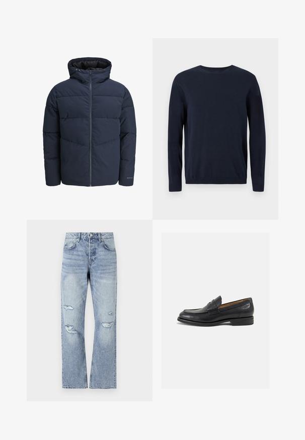 Námořnická puffer bunda s kapucí, zipem vpředu a šikmým švem. Vyrobena z texturované látky s elastickými manžetami a detailem loga.; Námořnický modrý pletený svetr s dlouhými rukávy, kulatým výstřihem a ribbovanými manžetami a lemem. Má malé logo na hrudi.; Světle modré džíny s rovnými nohavicemi, které mají pořezané otvory na kolenou a klasický pětikapsový styl.; Černé kožené mokasíny s hladkým povrchem, zaoblenou špičkou a dekorativním prošíváním na svršku. Nízký podpatka a mírný lesk.