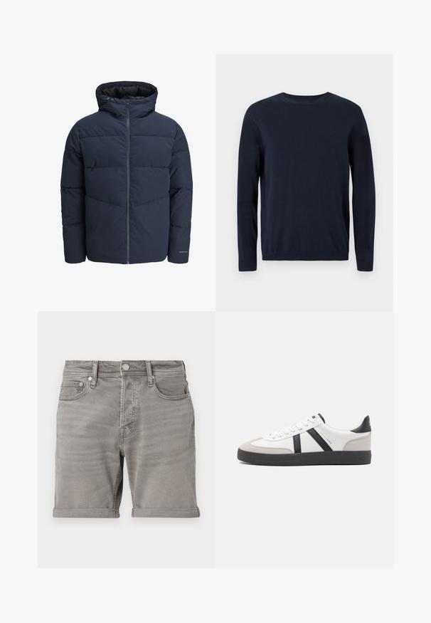 Sötétkék puffajacket kapucnival, cipzáros elülső résszel és chevron mintázattal. Texturált anyagból készült, rugalmas mandzsettákkal és logórészlettel.; Sötétkék kötött pulóver hosszú ujjal, kerek nyakkal, bordázott mandzsettával és szegéllyel. Kicsi logó található a mellkason.; Szürke farmer rövidnadrág klasszikus öt zsebes dizájnnal, felgöngyölt szegéllyel és fémből készült gombos záródással. Simább textúra finom kopással.; Fehér sneaker fekete és szürke részletekkel, textúrált szürke orr résszel, fekete gumitalppal és lapos fehér fűzőkkel. Tiszta dizájn, minimalista stílus.