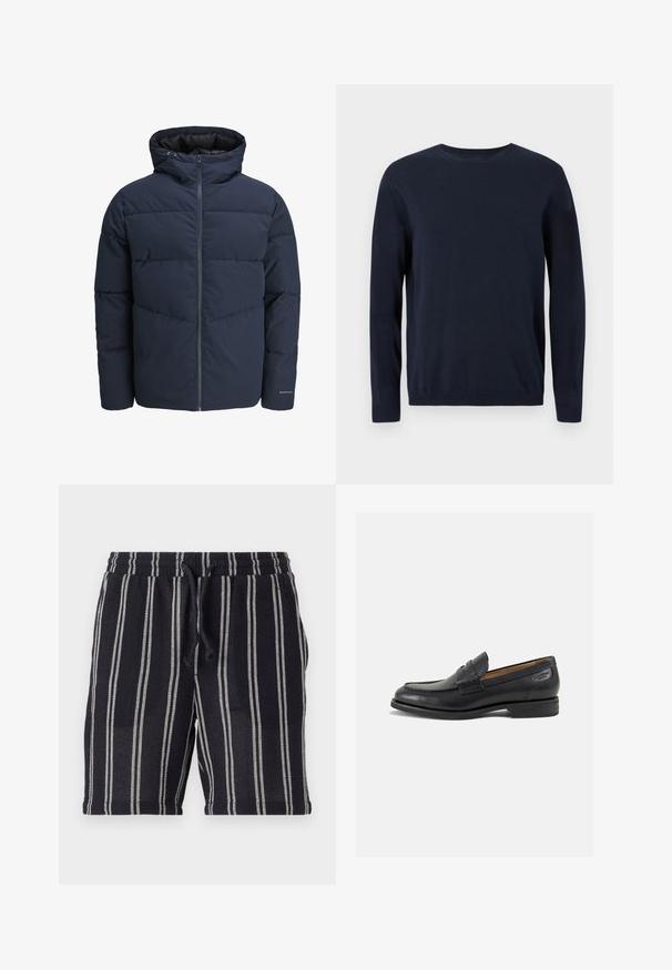 Ναυτικό μπουφάν με κουκούλα, μπροστινό φερμουάρ και σχέδιο βέλους. Κατασκευασμένο από υφασμάτινη υφή με ελαστικούς καρπούς και λεπτομέρεια λογότυπου.; Ναυτικό μπλε πλεκτό πουλόβερ με μακριά μανίκια, στρογγυλή λαιμόκοψη και ριμπ μανσέτες και στριφώματα. Διαθέτει ένα μικρό λογότυπο στο στήθος.; Μαύρο και άσπρο ριγέ σορτσάκι με ελαστική μέση, κλείσιμο με κορδόνι και υφή υφάσματος. Ικανοποιητικού μήκους, καταλήγει στη μέση του μηρού.; Μαύρα δερμάτινα loafers με λείο φινίρισμα, στρογγυλή μύτη και διακοσμητική ραφή στη μπροστινή πλευρά. Χαμηλός σωρός και ελαφριά γυαλάδα.