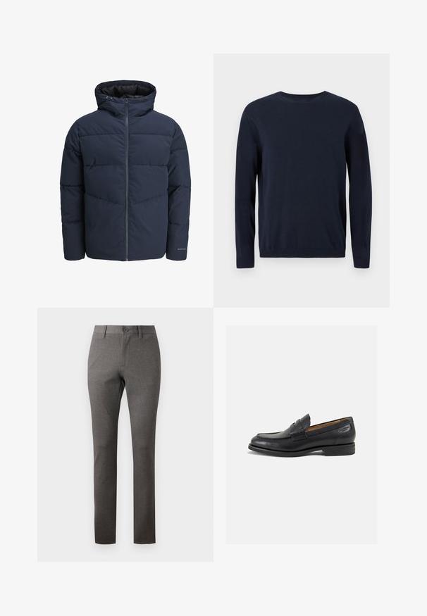 Námořnická puffer bunda s kapucí, zipem vpředu a šikmým švem. Vyrobena z texturované látky s elastickými manžetami a detailem loga.; Námořnický modrý pletený svetr s dlouhými rukávy, kulatým výstřihem a ribbovanými manžetami a lemem. Má malé logo na hrudi.; Šedé kalhoty s texturovanou tkaninou, rovný střih, přední kapsy a jedno knoflíkové zapínání v pase.; Černé kožené mokasíny s hladkým povrchem, zaoblenou špičkou a dekorativním prošíváním na svršku. Nízký podpatka a mírný lesk.