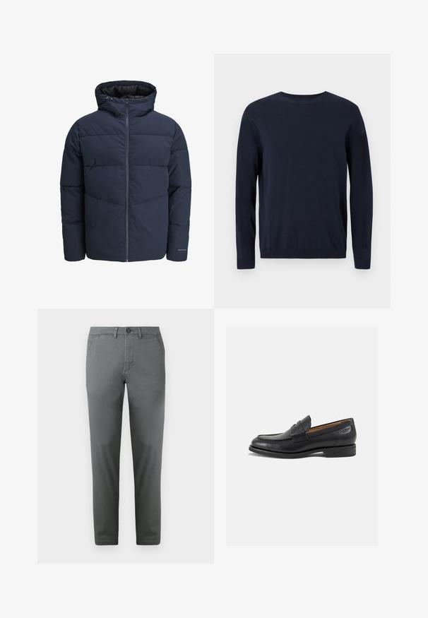 Námořnická puffer bunda s kapucí, zipem vpředu a šikmým švem. Vyrobena z texturované látky s elastickými manžetami a detailem loga.; Námořnický modrý pletený svetr s dlouhými rukávy, kulatým výstřihem a ribbovanými manžetami a lemem. Má malé logo na hrudi.; Šedé bavlněné chino kalhoty s úzkým střihem, se zapínáním na knoflík vepředu, dvěma bočními kapsami a hladkou texturou. Elegantní design.; Černé kožené mokasíny s hladkým povrchem, zaoblenou špičkou a dekorativním prošíváním na svršku. Nízký podpatka a mírný lesk.