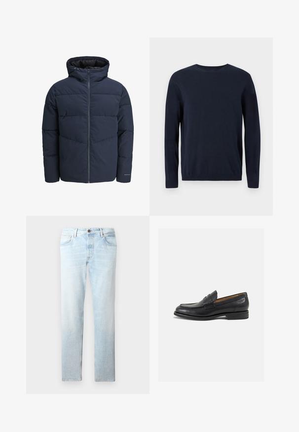 Námornícka prešívaná bunda s kapucňou, zipsom vpredu a šikmým prešívaním. Vyrobená z textúrovanej tkaniny s elastickými manžetami a detailom loga.; Námornícky modrý pletený sveter s dlhými rukávmi, okrúhlym výstrihom a rebrovanými manžetami a lemom. Obsahuje malé logo na hrudi.; Svetlomodré denimové džínsy so strihom s rovnými nohavicami, piatimi vreckami a jedným tlačidlom na zapínanie, so zosvetlenými škvrnami a jemnou textúrou.; Čierne kožené mokasíny s hladkým povrchom, zaoblenou špičkou a dekoratívnym prešívaním na prednej časti. Nízky kokteilový opätok a jemný lesk.