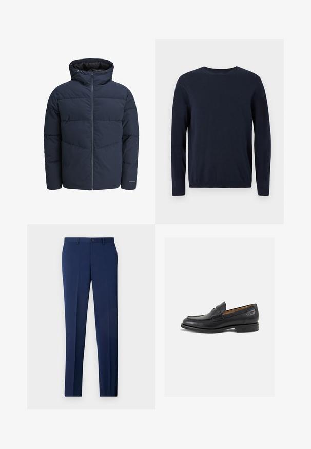 Jachetă puffer de culoare bleumarin cu glugă, închidere cu fermoar pe față și model de cusături în formă de V. Fabricată dintr-un material texturat, cu manșete elastice și detalii cu logo.; Pulover tricotat bleumarin, cu mâneci lungi, decolteu tip crew și manșete și tiv cu nervuri. Prezintă un mic logo pe piept.; Pantaloni formali antifoană cu o croială slim, design cu față plată și textură netedă. Caracteristici includ un sistem de închidere cu un singur buton și găici pentru curea.; Mocasini din piele neagră cu o finisare netedă, vârf rotund și cusături decorative pe partea superioară. Toc mic și stivuit, cu o ușoară strălucire.