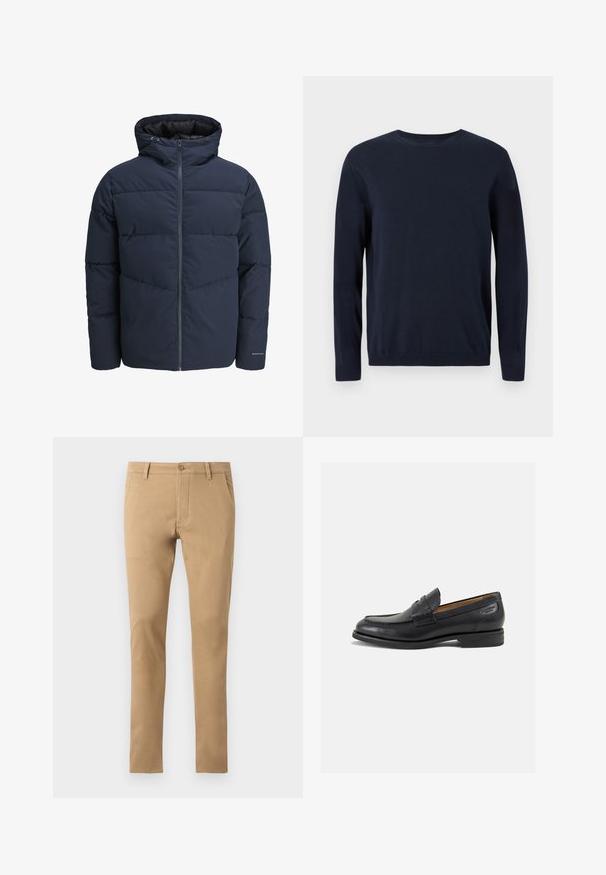 Meripihkalaavun takki hupulla, vetoketjulla ja chevron-niittykuviolla. Valmistettu teksturoidusta kankaasta, jossa on joustavat hihansuut ja logoyksityiskohta.; Tummansininen neulepaita, jossa on pitkät hihat, pyöreä kaula-aukko sekä ribbaus hihansuissa ja helmassa. Paitaa koristaa pieni logo rinnassa.; Kapeat beige chinosit napin kiinnityksellä, etutaskuilla ja sileällä pinnalla. Yksinkertainen muotoilu, kapenevat lahkeet ja siisti helma.; Mustat nahkaloaferit, joissa on sileä pinta, pyöreä varvas ja koristeompeleet varpaansuojassa. Matala pinottu korko ja hieno kiilto.