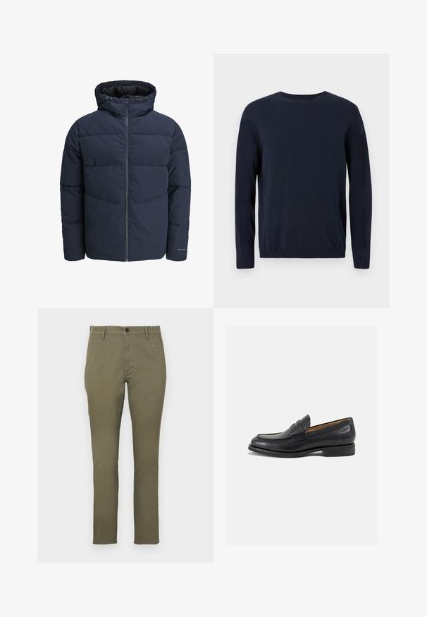 Jachetă puffer de culoare bleumarin cu glugă, închidere cu fermoar pe față și model de cusături în formă de V. Fabricată dintr-un material texturat, cu manșete elastice și detalii cu logo.; Pulover tricotat bleumarin, cu mâneci lungi, decolteu tip crew și manșete și tiv cu nervuri. Prezintă un mic logo pe piept.; Chino din bumbac, de culoare verde măslin, cu croială slim-fit, cu o textură netedă. Are închidere cu nasture și patru buzunare. Design simplu, minimalist.; Mocasini din piele neagră cu o finisare netedă, vârf rotund și cusături decorative pe partea superioară. Toc mic și stivuit, cu o ușoară strălucire.