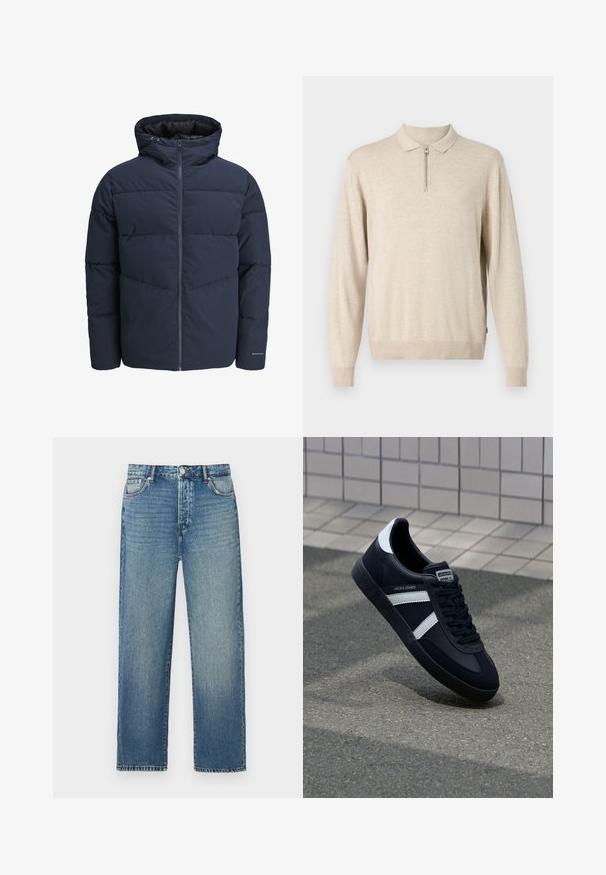 Giacca a vento blu navy con cappuccio, chiusura con zip e motivo a zig-zag. Realizzata in tessuto testurizzato con polsini elasticizzati e dettaglio del logo.; Pullover beige a maniche lunghe con colletto e chiusura con zip. Realizzato in materiale morbido con polsini e orlo a coste.; Jeans in denim blu con taglio dritto, dotati di un classico design a cinque tasche, cuciture visibili e una finitura sbiadita.; Sneaker neri in pelle con strisce bianche, suola in gomma texturizzata e allacciatura frontale. Presenta un'etichetta con il marchio sulla linguetta.