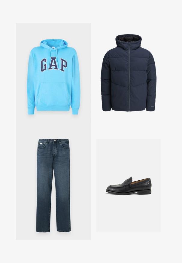 Jachetă puffer de culoare bleumarin cu glugă, închidere cu fermoar pe față și model de cusături în formă de V. Fabricată dintr-un material texturat, cu manșete elastice și detalii cu logo.; Hanorac albastru deschis dintr-un material moale, având un buzunar tip kangaroo și o glugă cu șnur. Logo-ul "GAP" în litere marine îndrăznețe pe față.; Jeans din denim albastru închis, cu o croială dreaptă, cinci buzunare, bucle pentru centură și fermoar. Textură netedă cu detalii subtile de decolorare.; Mocasini din piele neagră cu o finisare netedă, vârf rotund și cusături decorative pe partea superioară. Toc mic și stivuit, cu o ușoară strălucire.