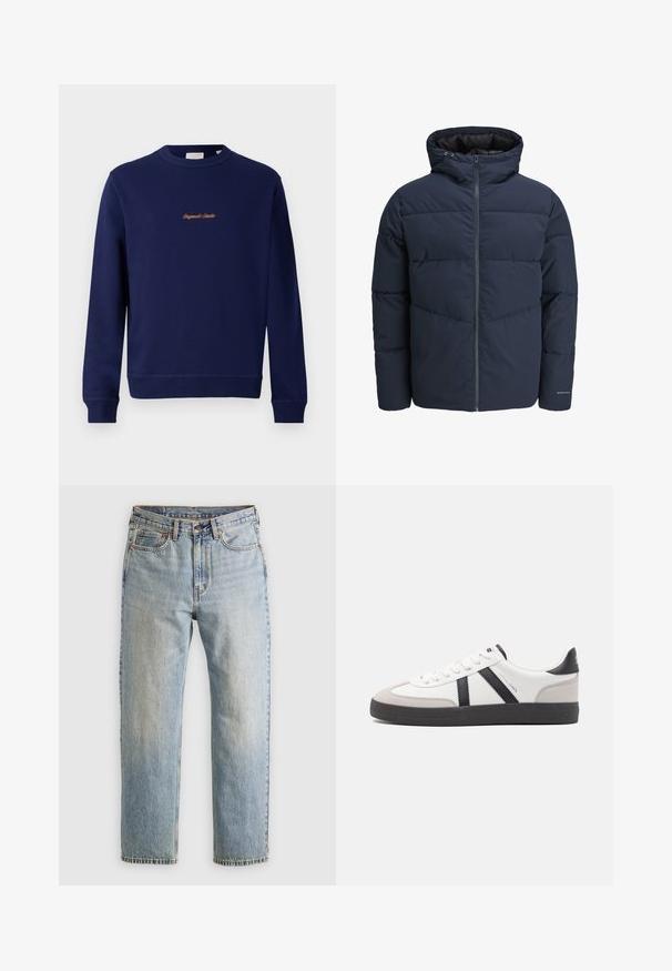 Navy puffer jacket with a hood, zip front, and chevron stitching pattern. Made from textured fabric with elastic cuffs and a logo detail.; Navy blue sweatshirt made of cotton, featuring a round neck, ribbed cuffs, and a small orange embroidered logo on the front.; Light blue denim jeans with high waist, front button, zipper, and five-pocket design, laid flat on a neutral background.; White sneaker with black and gray accents, featuring a textured gray toe cap, black rubber sole, and flat white laces. Clean design, minimalist style.