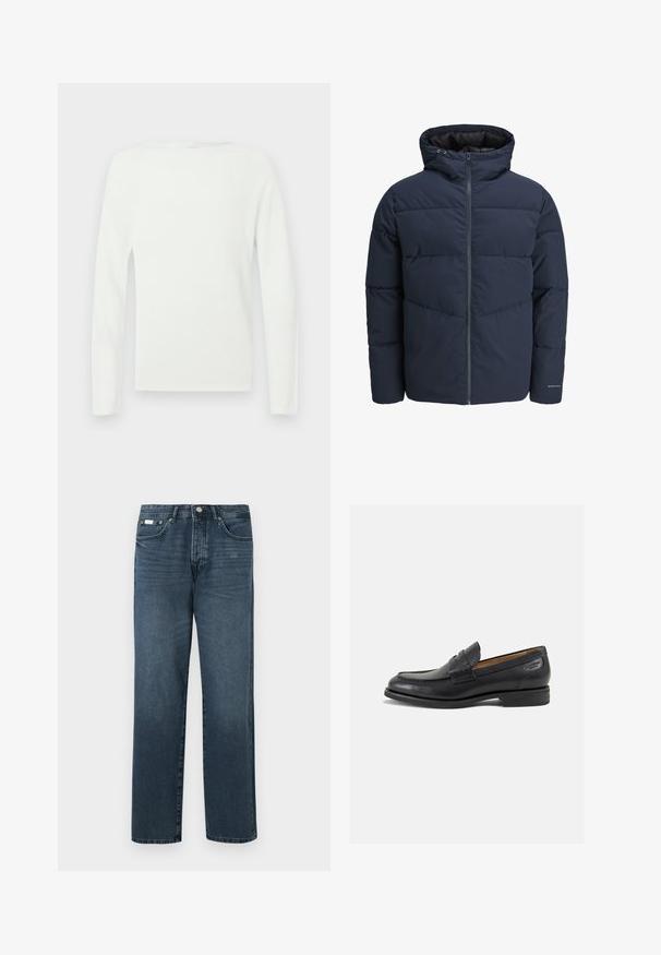 Marineblå pufferjakke med hætte, lynlås foran og chevron syning mønster. Lavet af tekstureret stof med elastiske manchetter og logo detaljer.; Hvid langærmet crew neck sweater med en simpel, glat tekstur og en tætsiddende silhuet.; Mørkeblå denimbukser med lige pasform, fem lommer, bæltestropper og lynlås. Glat tekstur med subtile blegede detaljer.; Sorte læder loafers med en glat finish, rund tå og dekorativ syning på vampen. Lav stablet hæl og let glans.