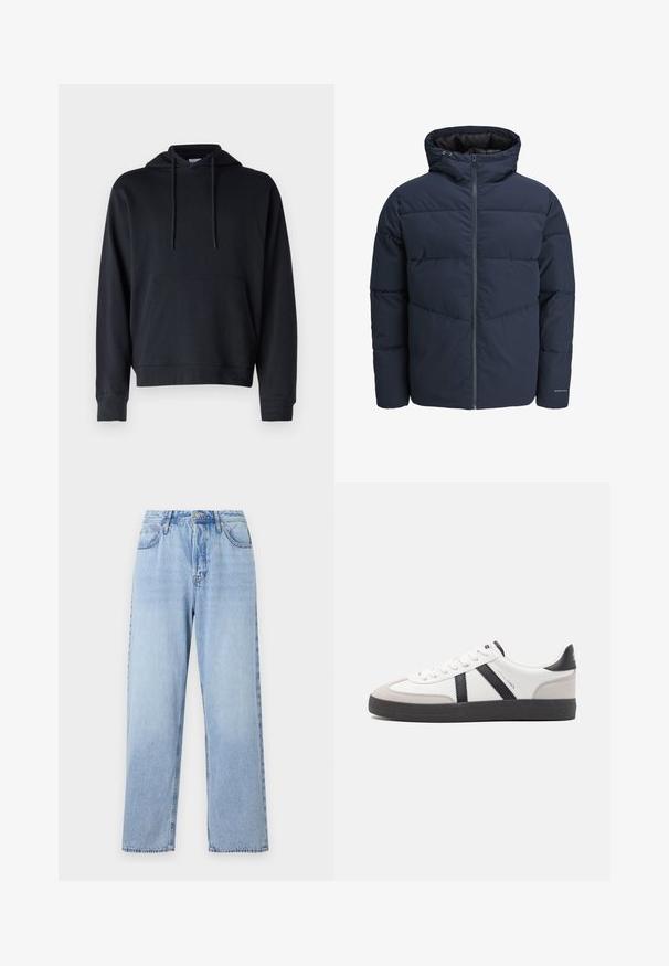 Sötétkék puffajacket kapucnival, cipzáros elülső résszel és chevron mintázattal. Texturált anyagból készült, rugalmas mandzsettákkal és logórészlettel.; Fekete kapucnis pulóver pamut keverékből, kenguruzsebbel, állítható zsinórral és bordázott mandzsettával és aljúval. Egyszerű dizájn.; Világoskék farmernadrág egyenes szabással, magas derékkal, öt zsebbel és felső gombos záródással. Hasonlóan a kifakult mosáshoz és kontrasztos varráshoz.; Fehér sneaker fekete és szürke részletekkel, textúrált szürke orr résszel, fekete gumitalppal és lapos fehér fűzőkkel. Tiszta dizájn, minimalista stílus.