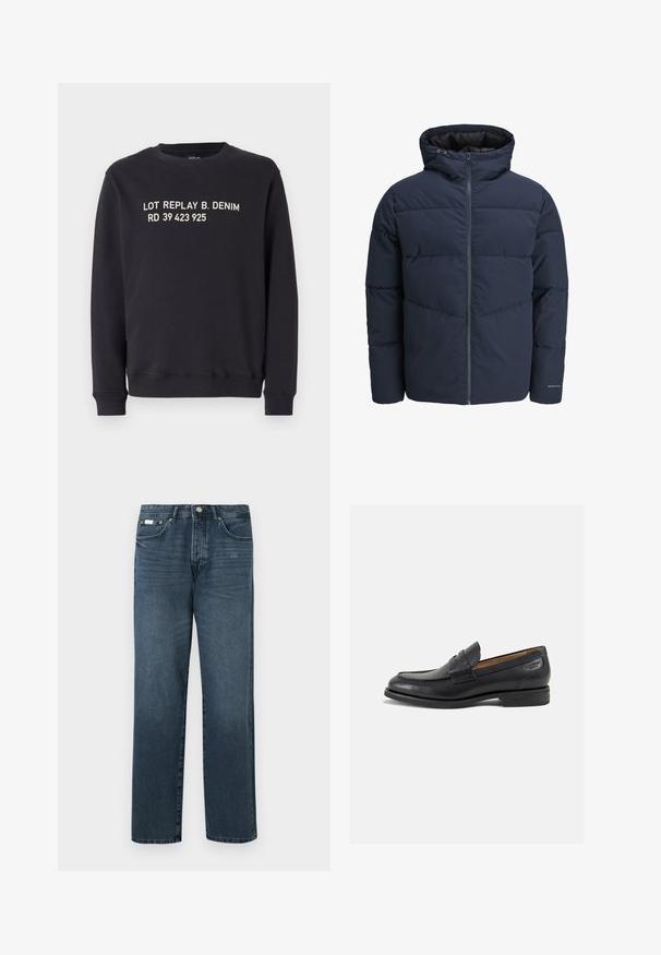 Sötétkék puffajacket kapucnival, cipzáros elülső résszel és chevron mintázattal. Texturált anyagból készült, rugalmas mandzsettákkal és logórészlettel.; Fekete kereknyakú pulóver pamut keverékből. Az elején fehér felirattal: "LOT REPLAY B. DENIM RD 39 423 925".; Sötétkék denim farmernadrág egyenes szabással, öt zsebbel, övhurkokkal és cipzáras nyitással. Simaság és finom fakulási részletek jellemzik.; Fekete bőr loaferek sima felülettel, lekerekített orral és díszítő varrással a lábfejen. Alacsony, réteges sarkú és enyhe fényű.