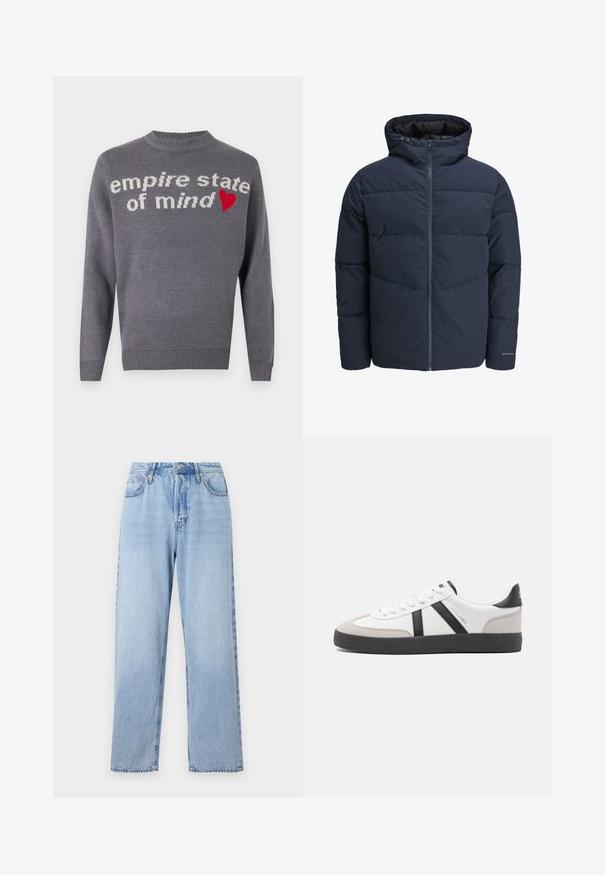 Granatowa kurtka puchowa z kapturem, zapinana na zamek, z wzorem w zygzak. Wykonana z teksturowanej tkaniny, z elastycznymi mankietami i detalem z logo.; Szary sweter z dzianiny z napisem "empire state of mind" w białym kolorze i akcentem czerwonego serca. Okrągły dekolt oraz ściągacze na końcach rękawów i u dołu.; Jasnoniebieskie dżinsy o prostym kroju, wysoki stan, pięć kieszeni oraz zapięcie na górny guzik. Posiadają przetartą fakturę i kontrastowe szwy.; Białe sneakersy z czarnymi i szarymi akcentami, z teksturowanym szarym czubkiem, czarną gumową podeszwą i płaskimi białymi sznurowadłami. Czysty design, minimalistyczny styl.