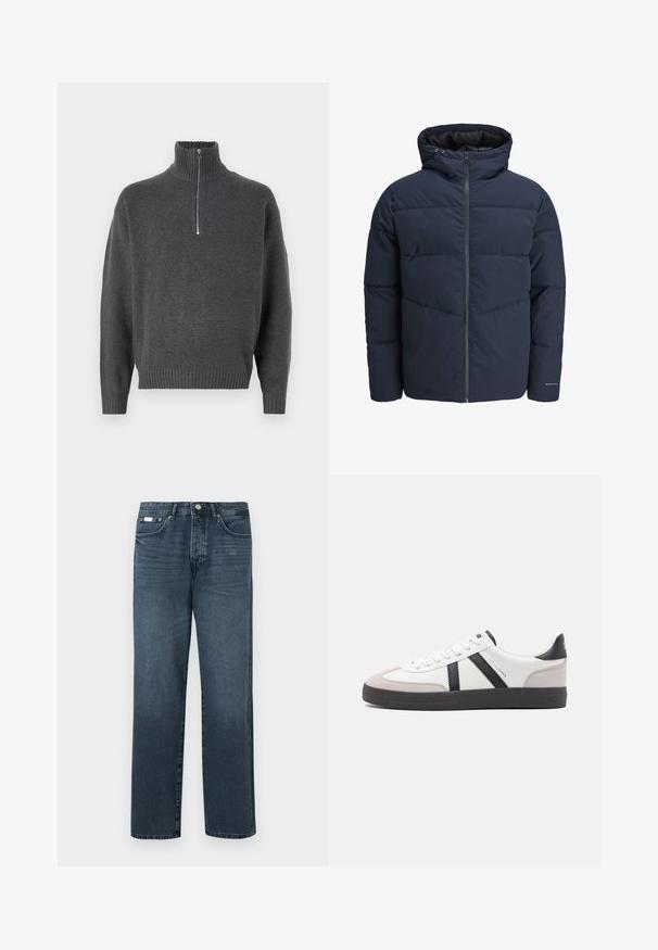 Navy pufferjakke med hette, glidelås foran og chevron søm mønster. Laget av strukturert stoff med elastiske mansjetter og logo detalj.; Jack & Jones JOROLLIE HALF ZIP - Strikkegenser - iron gate; Mørkeblå denimjeans med rett passform, fem lommer, beltehemper og glidelås. Jeansen har en jevn tekstur med subtile falming detaljer.; Hvite sneakers med svarte og grå detaljer, med en teksturert grå tåhette, svart gummisåle, og flate hvite lisser. Rent design, minimalistisk stil.