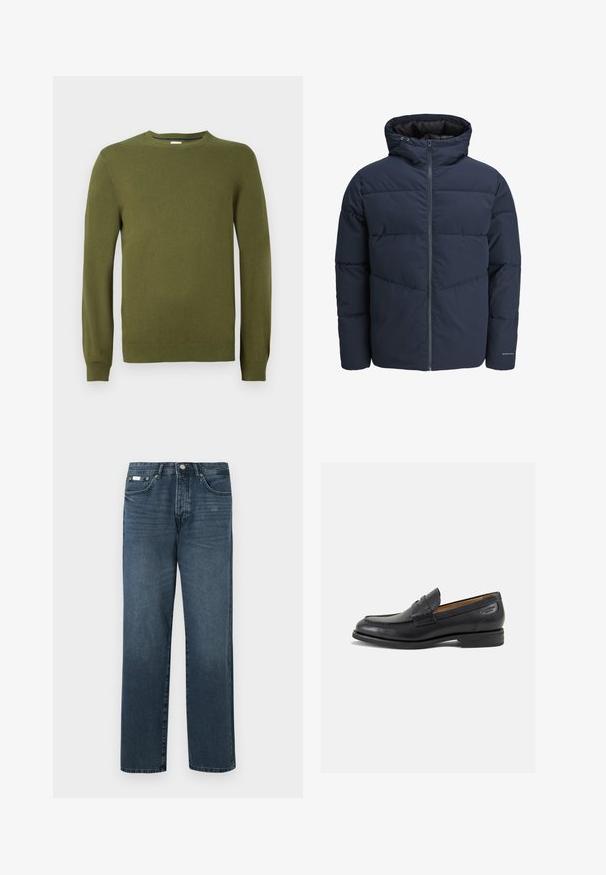 Marinblå puffjacka med huva, dragkedja fram och chevronmönster. Tillverkad av textil med elastiska ärmslut och logotypdetalj.; Olivgrön stickad tröja, rund halsringning, långa ärmar, ribbade muddarna och fållen, slät textur, lätt material, avslappnad design.; Mörkblå denimjeans med rak passform, fem fickor, bälteshällor och dragkedja. Slät textur med subtila blekningdetaljer.; Svarta läder loafers med en slät ytfinish, rund tå och dekorativ sömnad på vampen. Låg staplad klack och lätt glans.