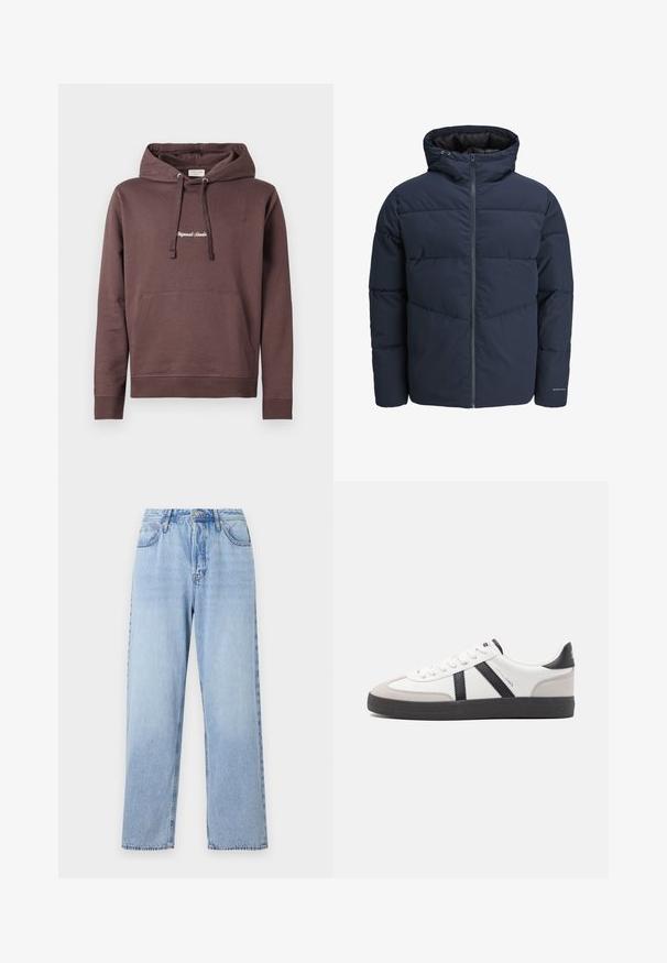 Chaqueta acolchada azul marino con capucha, cierre de cremallera y patrón de costura en forma de chevrón. Fabricada con un tejido texturizado, cuenta con puños elásticos y un detalle de logo.; Sudadera con capucha marrón, con un bolsillo tipo canguro en la parte delantera, capucha ajustable con cordón y texto bordado en el pecho. Tejido de mezcla de algodón.; Vaqueros de denim azul claro con un corte recto, cintura alta, cinco bolsillos y cierre con botón superior. Presenta un lavado desvanecido y costuras en contraste.; Zapatilla blanca con acentos en negro y gris, que presenta una puntera texturizada en gris, suela de goma negra y cordones planos blancos. Diseño limpio, estilo minimalista.