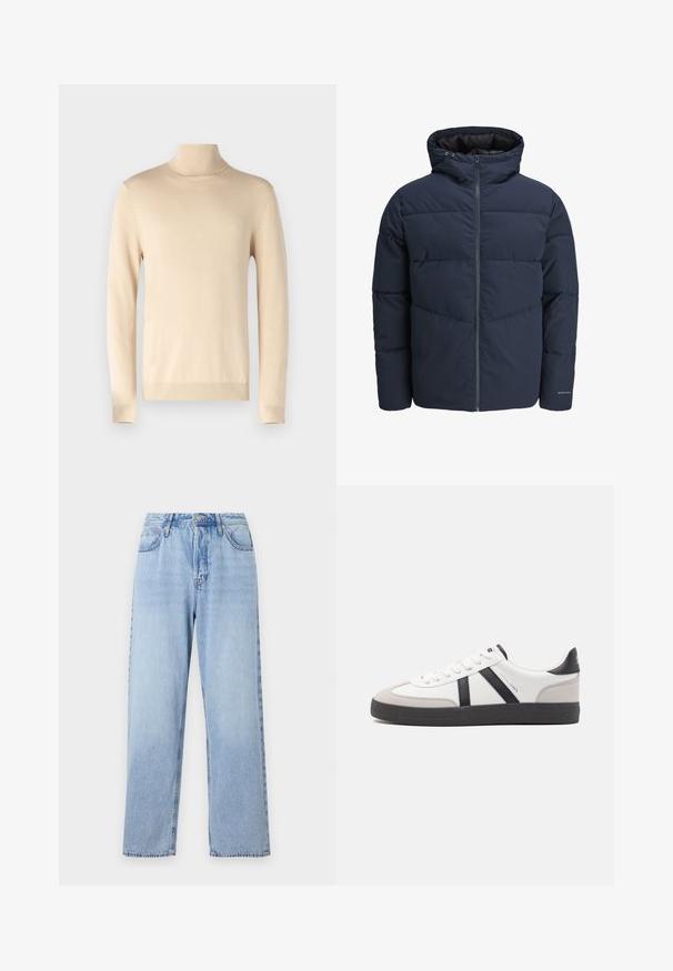 Tumesinine puhvpusa, millel on kapuuts, lukuga ees ja chevroni tikandi muster. Valmistatud tekstuursetest kangast, millel on elastsed mansetid ja logodetail.; Only & Sons ONSALEX - Džemper - beige; Heledad sinised teksad sirge lõikega, kõrge vöökoht, viis taskut ja ülemine nööp sulgemiseks. Omab pleekinud pesu ja kontrastset õmblust.; Valged tossud mustade ja hallide aktsentidega, tekstureeritud halli varbakattega, musta kummitald ja lamedad valged paelad. Puhtad jooned, minimalistlik stiil.