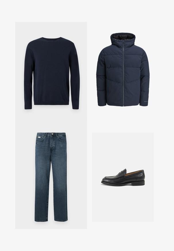 Námořnická puffer bunda s kapucí, zipem vpředu a šikmým švem. Vyrobena z texturované látky s elastickými manžetami a detailem loga.; Námořnický modrý pletený svetr s dlouhými rukávy, kulatým výstřihem a ribbovanými manžetami a lemem. Má malé logo na hrudi.; Tmavě modré džínové kalhoty se straight fit, pěti kapsami, poutky na opasek a zipovým zapínáním. Hladká textura s jemnými detaily vyblednutí.; Černé kožené mokasíny s hladkým povrchem, zaoblenou špičkou a dekorativním prošíváním na svršku. Nízký podpatka a mírný lesk.