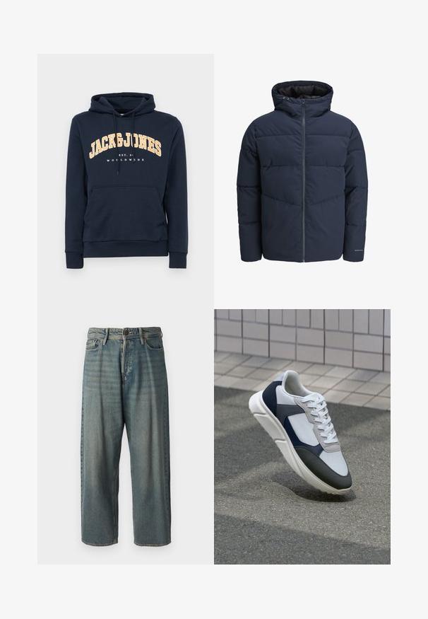 Navy pufferjakke med hette, glidelås foran og chevron søm mønster. Laget av strukturert stoff med elastiske mansjetter og logo detalj.; Marineblå hettegenser med en frontlomme, snøring i hetta og hvit logo-tekst "JACK & JONES" i gult som buer over brystet.; Lyseblå denimjeans med løs passform, midjehøyde og rette ben. Har fem lommer, beltehemper og knappelukking.; Hvitt, marineblått og grått sportsko med en blandet materialdesign, som har en teksturert overdel, flate snørebånd og en polstret såle.