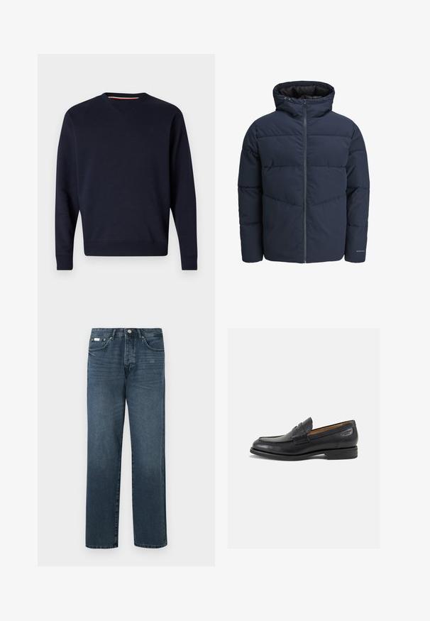 Jūras spēku stila pūkains džemperis ar kapuci, ar rāvējslēdzēju priekšpusē un ķevrona šuvju rakstu. Izgatavots no teksturēta auduma, ar elastīgām aprocēm un logotipa detalizāciju.; Replay Ikdienas džemperis - night blue; Tumši zila džinsu auduma bikses ar taisnu piegriezumu, piecām kabatām, jostas cilpām un rāvējslēdzēju. Gluda struktūra ar smalki izpludinātiem detaļām.; Melnas ādas loafers ar gludu apdari, noapaļotu purngalu un dekoratīvām šuvēm uz virsu. Zems, sakrauta papēža un neliels spīdums.