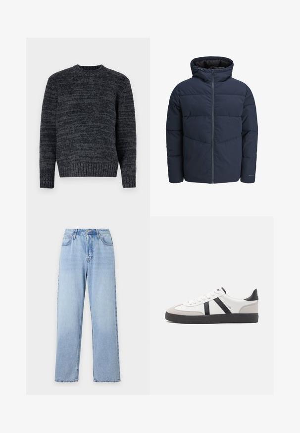 Marineblauwe pufferjas met capuchon, ritssluiting aan de voorkant en chevron-stikpatroon. Gemaakt van textiel met een gestructureerde stof, elastische manchetten en een logo-detail.; Donkergrijs gebreid sweater met een ronde halslijn, lange mouwen en geribbelde manchetten. Kenmerkt zich door een gestructureerd patroon over het geheel.; Lichtblauwe denim jeans met een rechte pasvorm, hoge taille, vijf zakken en sluiting met bovenste knoop. Kenmerkt zich door een vervaagde wassing en contrasterende stiksels.; Witte sneaker met zwarte en grijze accenten, voorzien van een grijze neus met textuur, zwarte rubberen zool en platte witte veters. Schoon ontwerp, minimalistische stijl.
