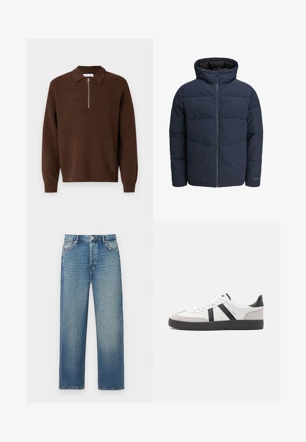 Tamsiai mėlynas pūkinis švarkas su gaubtu, užtrauktuku priekyje ir chevrono raštu. Pagamintas iš tekstūruotos medžiagos su elastinėmis rankovėmis ir logotipo detale.; Rudas raiščiais megztinis su siauru užtrauktuku ant apykaklės. Ilgos rankovės ir tekstūruotas mezgimo audinys.; Mėlyni džinsai su tiesia kirpimo forma, turintys klasikinį penkių kišenių dizainą, matomus siūlus ir išblukusį skalbimą.; Balti sportbačiai su juodais ir pilkais akcentais, pasižymintys tekstūruotu pilku pirštų dangteliu, juoda gumine padais ir plokščiomis baltomis raišteliais. Švarus dizainas, minimalistinis stilius.