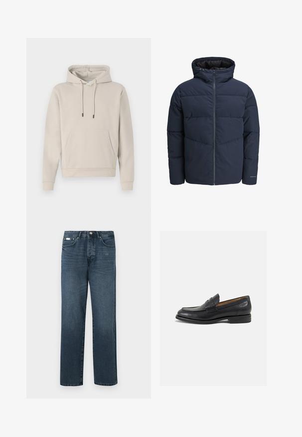 Navy puffer jacket with a hood, zip front, and chevron stitching pattern. Made from textured fabric with elastic cuffs and a logo detail.; Hooded sweatshirt in light beige, featuring a front pocket, drawstrings, and ribbed cuffs. Made from soft, smooth fabric with a relaxed fit.; Dark blue denim jeans with a straight fit, five pockets, belt loops, and a zipper fly. Smooth texture with subtle fading details.; Black leather loafers with a smooth finish, rounded toe, and decorative stitching on the vamp. Low stacked heel and slight shine.