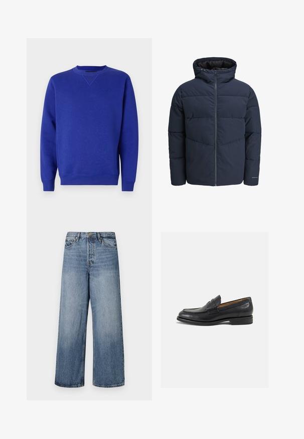 Námornícka prešívaná bunda s kapucňou, zipsom vpredu a šikmým prešívaním. Vyrobená z textúrovanej tkaniny s elastickými manžetami a detailom loga.; Modrá mikina s okrúhlym výstrihom a rebrovanými manžetami. Vyrobená z mäkkej tkaniny s hladkou textúrou a jemným logom na prsiach.; Široké modré džínsy s vyblednutým umývaním, dizajnom s piatimi vreckami a zapínaním na gombík. S opaskovými pútkami a prešitými detailmi.; Čierne kožené mokasíny s hladkým povrchom, zaoblenou špičkou a dekoratívnym prešívaním na prednej časti. Nízky kokteilový opätok a jemný lesk.