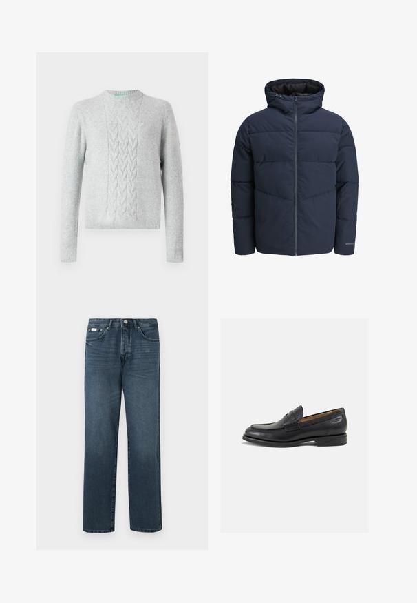 Tumesinine puhvpusa, millel on kapuuts, lukuga ees ja chevroni tikandi muster. Valmistatud tekstuursetest kangast, millel on elastsed mansetid ja logodetail.; Hele halli kudumisega sviiter, millel on kootud palmikmuster rinnal, ümara kaela ja pikad varrukad, ribilised randmed ja alläär. Sujuv tekstuur, minimaalne brändimine.; Tumed sinine denim materjalist sirge lõikega teksad, viie taskuga, vöödega ja lukuga. Sile tekstuur koos kergete pleekimisdetailidega.; Mustad mustad nahast loafers, sujuva viimistlusega, ümar sirge ja dekoratiivne tikand peal. Madal ja kergelt kuhjatud konts ning kerge läige.