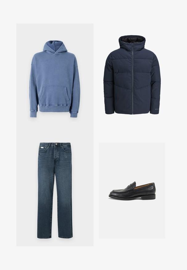 Giacca a vento blu navy con cappuccio, chiusura con zip e motivo a zig-zag. Realizzata in tessuto testurizzato con polsini elasticizzati e dettaglio del logo.; Felpa con cappuccio blu, dotata di tasca a marsupio, polsini e orlo a costine. Realizzata in materiale morbido, presenta un fit rilassato e oversize.; Jeans in denim blu scuro con vestibilità dritta, cinque tasche, passanti per cintura e zip frontale. Tessuto liscio con dettagli di sfumatura discreti.; Mocassini in pelle nera con finitura liscia, punta arrotondata e cuciture decorative sulla tomaia. Tacco basso impilato e leggero lucido.