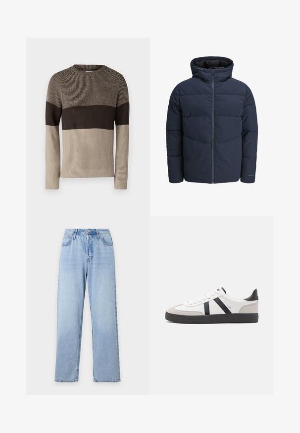 Navy puffer jacket with a hood, zip front, and chevron stitching pattern. Made from textured fabric with elastic cuffs and a logo detail.; Knitted sweater featuring ribbed texture, color-blocked design with shades of beige and dark brown, round neckline, and long sleeves.; Light blue denim jeans with a straight fit, high waist, five pockets, and top button closure. Features faded wash and contrast stitching.; White sneaker with black and gray accents, featuring a textured gray toe cap, black rubber sole, and flat white laces. Clean design, minimalist style.