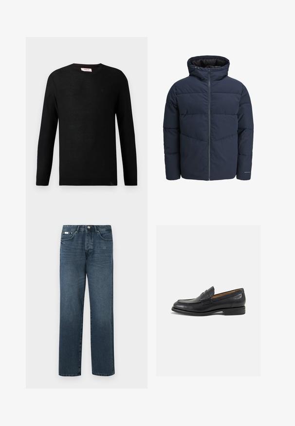 Tamsiai mėlynas pūkinis švarkas su gaubtu, užtrauktuku priekyje ir chevrono raštu. Pagamintas iš tekstūruotos medžiagos su elastinėmis rankovėmis ir logotipo detale.; Juodas megztinis su ilgomis rankovėmis ir apvaliu kaklu. Subtili tekstūra ir mažas logotipo detalė ant krūtinės. Klasiškas ir universalus dizainas.; Tamsiai mėlynos džinsinės kelnės, tiesaus modelio, su penkiomis kišenėmis, diržo kilpomis ir užtrauktuku. Lygaus tekstūros su subtiliais blukimo akcentais.; Juodi odiniai loafersai su lygiu paviršiumi, apvaliu pirštu ir dekoratyvine siūlė viršuje. Žemas sustiprintas kulnas ir lengvas blizgesys.