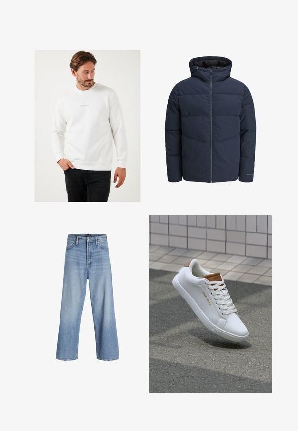 Marineblauwe pufferjas met capuchon, ritssluiting aan de voorkant en chevron-stikpatroon. Gemaakt van textiel met een gestructureerde stof, elastische manchetten en een logo-detail.; Witte sweatshirt gemaakt van een katoenmix, met een ronde hals, lange mouwen en een klein grijs logo-accent op de borst.; Lichtblauwe denim wijdvallende jeans met een hoge taille, voorzien van een knoopsluiting, vijf pockets en subtiele vervaging. Schoon afgewerkte zoom.; Witte leren sneakers met een gladde textuur, tan accent op de hiel, gouden logo aan de zijkant en een rubberen zool met een gestructureerde grip.