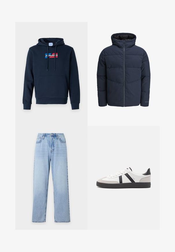 Giacca a vento blu navy con cappuccio, chiusura con zip e motivo a zig-zag. Realizzata in tessuto testurizzato con polsini elasticizzati e dettaglio del logo.; Felpa blu navy con tasca frontale a marsupio, cappuccio con cordino e logo rosso e blu, caratterizzata da una texture morbida e liscia e polsini a costine.; Jeans in denim blu chiaro con vestibilità dritta, vita alta, cinque tasche e chiusura con bottone superiore. Presentano un lavaggio sbiadito e cuciture a contrasto.; Sneaker bianco con accenti neri e grigi, dotata di una punta grigia testurizzata, suola in gomma nera e lacci bianchi piatti. Design pulito, stile minimalista.