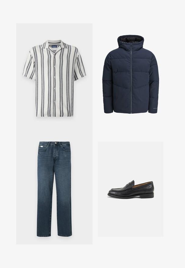 Giacca a vento blu navy con cappuccio, chiusura con zip e motivo a zig-zag. Realizzata in tessuto testurizzato con polsini elasticizzati e dettaglio del logo.; Camicetta a maniche corte realizzata in tessuto texturizzato con strisce verticali bianche e blu scuro, con colletto a punte e chiusura a bottoni.; Jeans in denim blu scuro con vestibilità dritta, cinque tasche, passanti per cintura e zip frontale. Tessuto liscio con dettagli di sfumatura discreti.; Mocassini in pelle nera con finitura liscia, punta arrotondata e cuciture decorative sulla tomaia. Tacco basso impilato e leggero lucido.