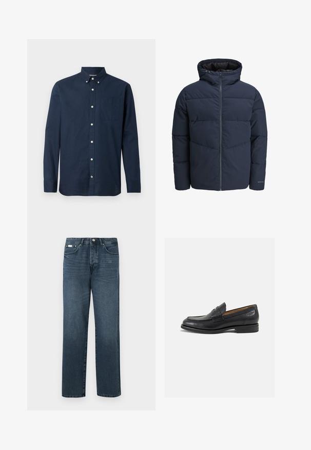 Tamsiai mėlynas pūkinis švarkas su gaubtu, užtrauktuku priekyje ir chevrono raštu. Pagamintas iš tekstūruotos medžiagos su elastinėmis rankovėmis ir logotipo detale.; Tamsiai mėlynos spalvos ilgomis rankovėmis marškiniai, pagaminti iš lengvos medžiagos, su mygtukų uždarymu, priekinėmis kišenėmis ir baltais mygtukais. Lygus paviršius.; Tamsiai mėlynos džinsinės kelnės, tiesaus modelio, su penkiomis kišenėmis, diržo kilpomis ir užtrauktuku. Lygaus tekstūros su subtiliais blukimo akcentais.; Juodi odiniai loafersai su lygiu paviršiumi, apvaliu pirštu ir dekoratyvine siūlė viršuje. Žemas sustiprintas kulnas ir lengvas blizgesys.