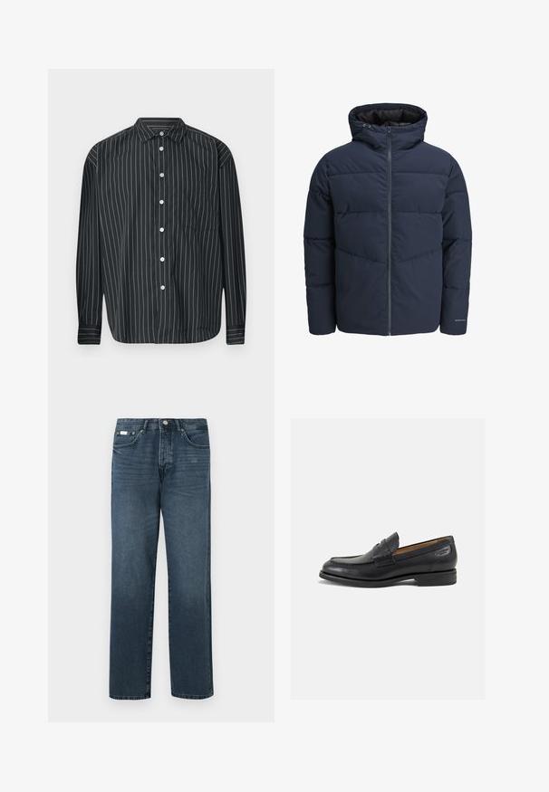 Veste en duvet navy avec capuche, fermeture éclair à l'avant et motif de piqûre en chevrons. Fabriquée en tissu texturé avec des poignets élastiques et un détail de logo.; Chemise noire à manches longues avec des rayures verticales blanches fines, une poche poitrine unique, un tissu lisse et un col classique.; Jean en denim bleu foncé avec une coupe droite, cinq poches, passants de ceinture et fermeture à glissière. Texture lisse avec des détails de décoloration subtils.; Mocassins en cuir noir avec une finition lisse, bout rond et coutures décoratives sur la tige. Talon bas empilé et léger brillant.