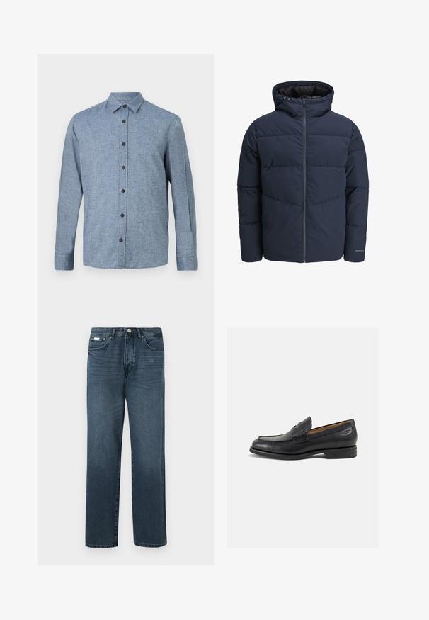 Marineblauwe pufferjas met capuchon, ritssluiting aan de voorkant en chevron-stikpatroon. Gemaakt van textiel met een gestructureerde stof, elastische manchetten en een logo-detail.; Lange mouwen button-up shirt in lichtblauwe stof met een gestructureerde weving, voorzien van een kraag en zes donkerbruine knopen aan de voorkant.; Donkerblauwe denim jeans met een rechte pasvorm, vijf zakken, riemlussen en een ritsgulp. Glad textuur met subtiele vervagingdetails.; Zwarte leren loafers met een gladde afwerking, ronde neus en decoratieve stiksels op de wreef. Lage gestapelde hak en een lichte glans.