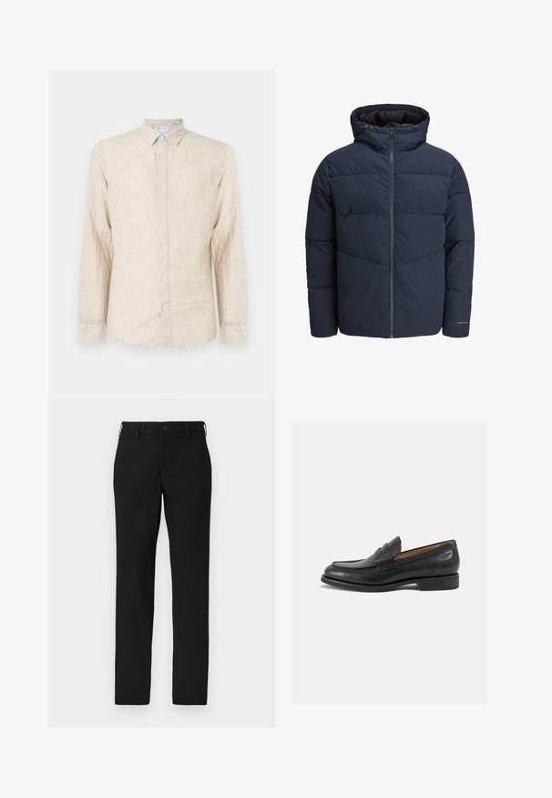 Jūras spēku stila pūkains džemperis ar kapuci, ar rāvējslēdzēju priekšpusē un ķevrona šuvju rakstu. Izgatavots no teksturēta auduma, ar elastīgām aprocēm un logotipa detalizāciju.; Beige garšs piedurkņu krekls no teksturēta auduma, ar klasisku apkakli, pogu aizdari un brīvu piegriezumu.; Melnas bikses no gludas auduma, taisna piegriezuma, ar pogu aizdari un jostu cilpām. Nav redzamu rakstu vai akcentu.; Melnas ādas loafers ar gludu apdari, noapaļotu purngalu un dekoratīvām šuvēm uz virsu. Zems, sakrauta papēža un neliels spīdums.